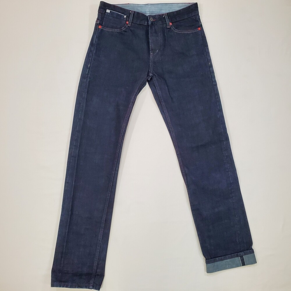 Armani Exchange Selvedge Jeans Men 31x34 Slim Straight Blue Dark Wash Red Accent